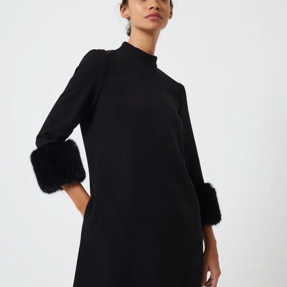 French Connection Black Mini Dress with Faux Fur Cuffs